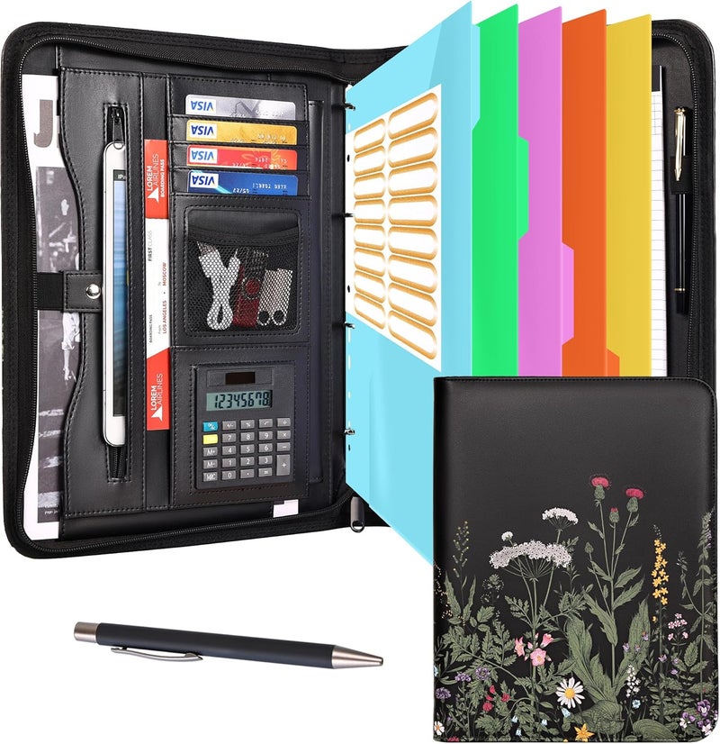 Eshow Portfolio Organizer - 3 Ring Binder with Zipper, Vegan Leather Business Padfolio Folder with Notepad Includes 5 Colorful Sheet Protectors for Documents Files for Women - Image 1